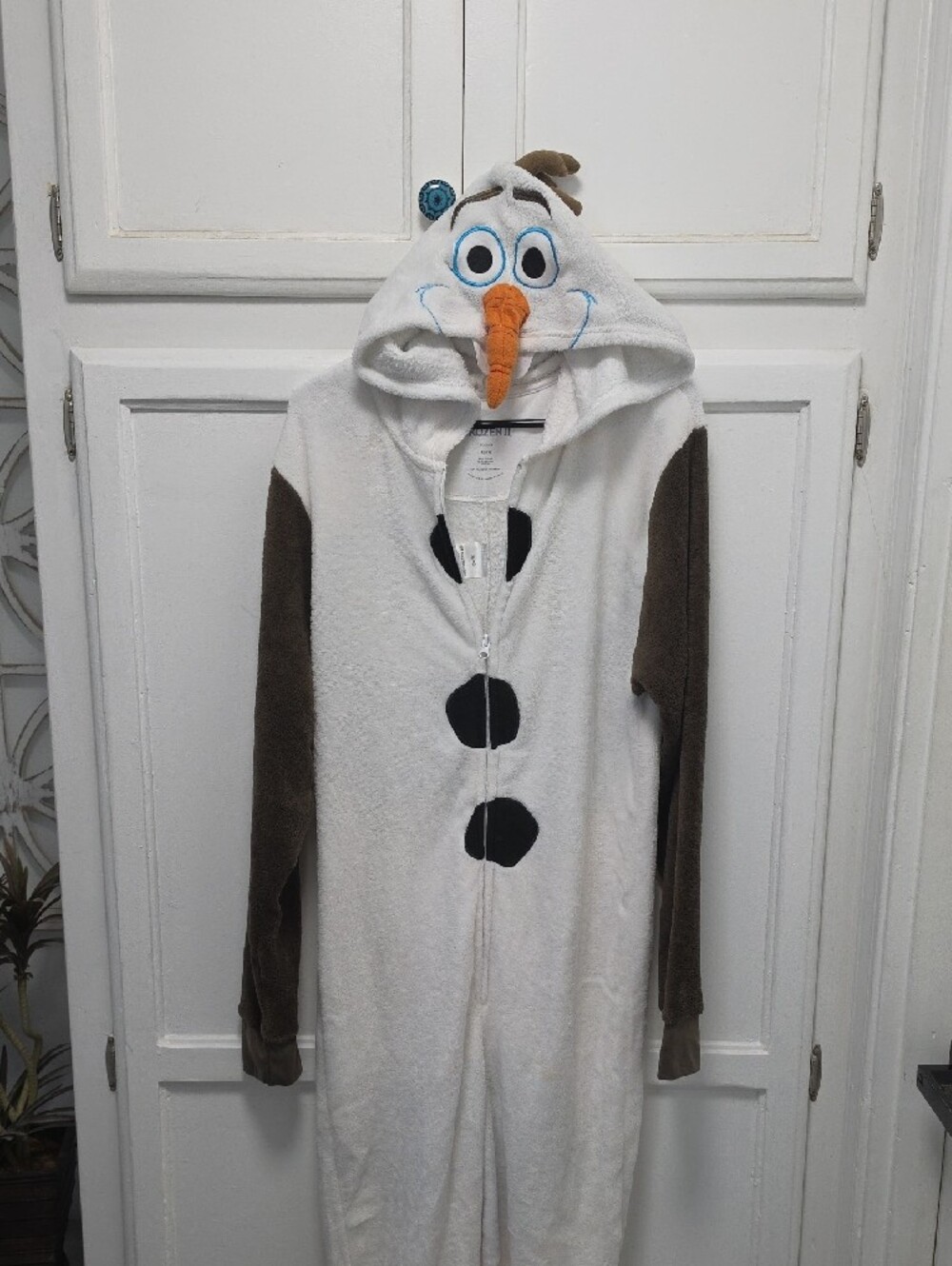 Womens Olaf White and Brown Snowman Hooded One-Piece Pajamas - Picture 2 of 3